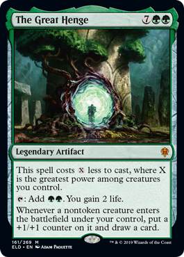 The Great Henge
 This spell costs {X} less to cast, where X is the greatest power among creatures you control.
{T}: Add {G}{G}. You gain 2 life.
Whenever a nontoken creature enters the battlefield under your control, put a +1/+1 counter on it and draw a card.